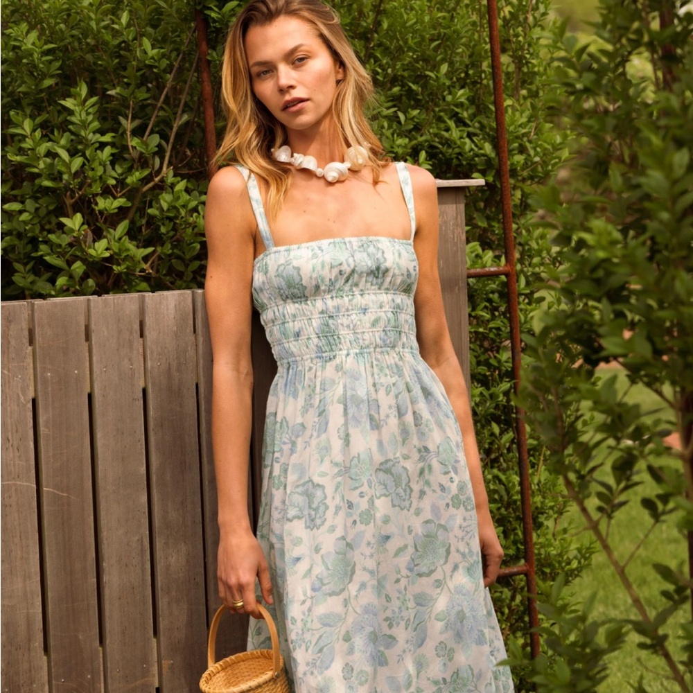 Blue and White Smocked Midi Sundress